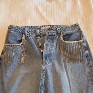High Rise Blue Denim Jeans with Fringe Accents